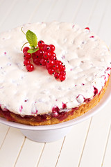 Meringue red currant cake on white table