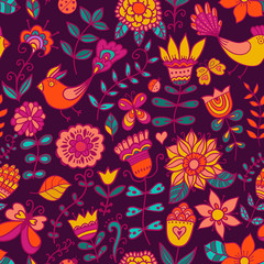 Seamless texture with flowers and birds. Endless floral pattern.