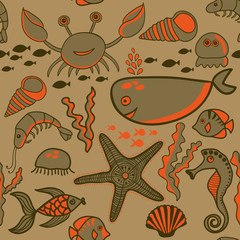Sea background, marine vector seamless pattern with fish, crab,s