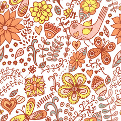 Obraz premium Seamless texture with flowers, birds and butterflies. Seamless p