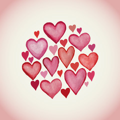 Decorative circle made of watercolor hearts Valentine's day back