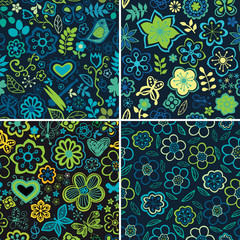 Collection of four floral patterns (seamlessly tiling). Floral p