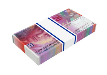 Swiss money isolated on white. 3D photo rendering.