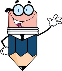 Business Pencil Character Waving For Greeting