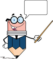 Business Pencil Character Holding A Pointer With Speech Bubble