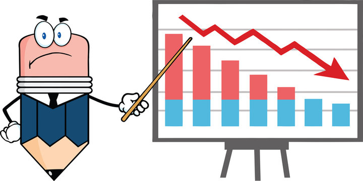 Grumpy Business Pencil With Pointer Presenting A Falling Chart