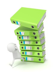 3d man running from falling green ring binders stack