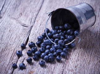 Some Blueberries in a small Bucket on wooden background
