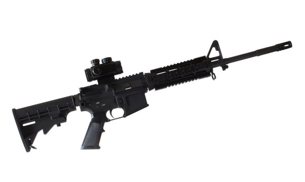 Assault rifle with a red-dot optic on its rail isolated on a white background