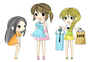 Cute stylish cartoon girls showing her new dress via shopping se