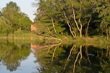 landscape river banks with trees reflection