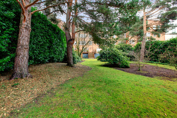 Backyard of large brick apartment building.