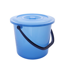 Upper side blue bucket with cover on white background.