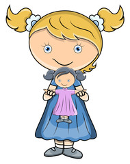 Little Girl Playing with Doll - Vector Cartoon Illustration