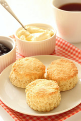 Home-baked scones with clotted cream, blackcurrant jam and tea