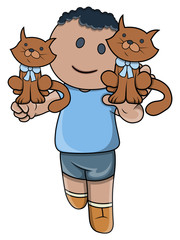 Little Kid Playing with Kittens - Vector Cartoon Illustration