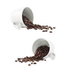 Spilled coffee beans from the cup isolated