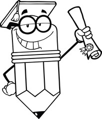 Outlined Happy Pencil Character Graduate Holding A Diploma