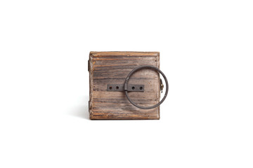 Single old wooden wine box for one bottle isolated on white. Top