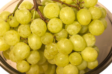 Green bunch of grapes in semitransparent bowl isolated on white