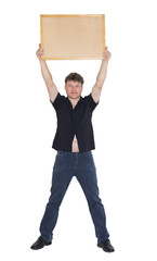 a man with a wooden sign on a white background