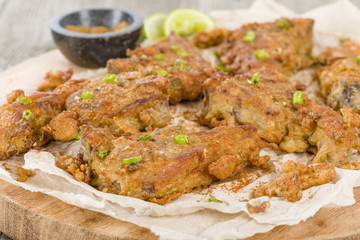 Mutton Chaap - Fried battered lamb cutlets and chaat masala.