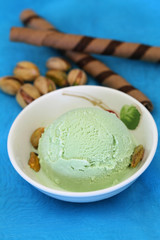 Pistachio ice cream with chocolate wafers