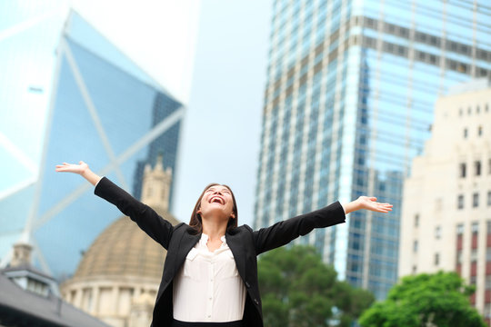 Business Woman Happy Success Outdoor In Hong Kong