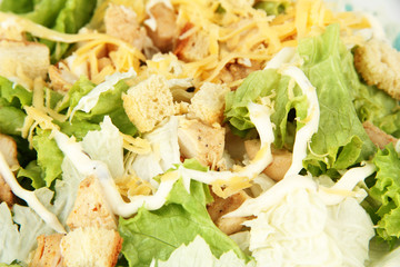 Caesar salad on white plate, close up