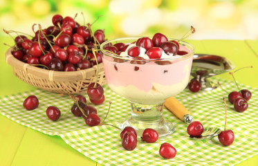 Delicious cherry dessert in glass vase