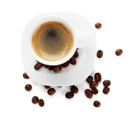 Cup of coffee with coffee beans, isolated on white