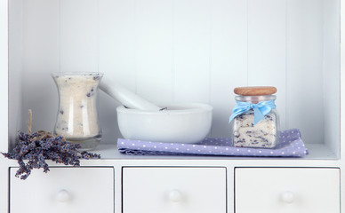 Still life with jar of lavender sugar, mortar and fresh