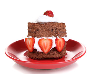 Chocolate cake with strawberry isolated on white