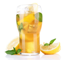 Iced tea with lemon and mint isolated on white