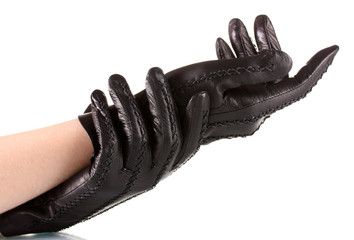 women's hands in black leather gloves isolated on white