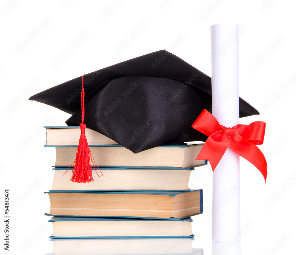 Poster Grad hat with diploma and books isolated on white