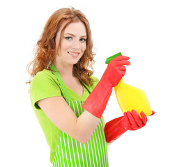 Young woman holding sprayer, isolated on white