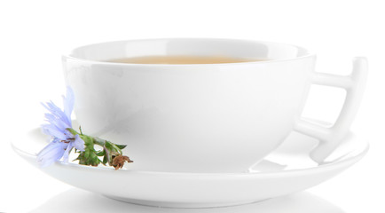 Cup of tea with chicory, isolated on white