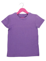 Purple t-shirt on hanger isolated on white