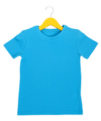 Blue t-shirt on hanger isolated on white