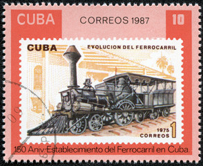 Stamp printed in the Cuba shows antique locomotive