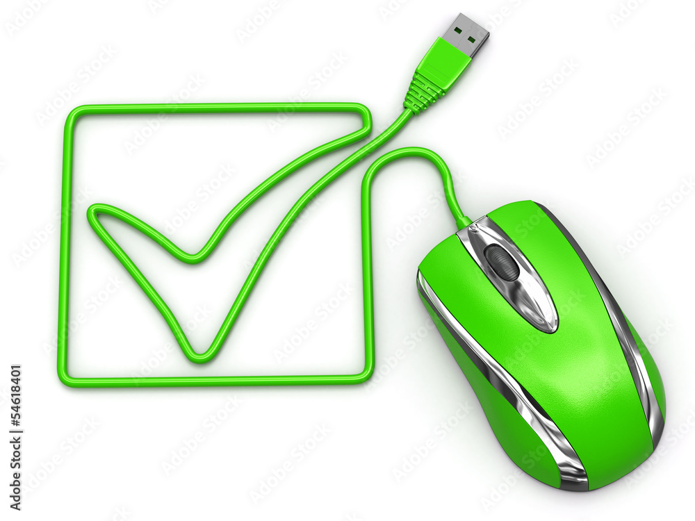 Poster online checklist. computer mouse on white isolated background