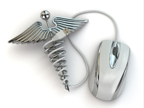 Concept of medicine online. Caduceus sign and mouse.