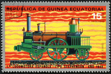 Fototapeta na wymiar stamp printed by Equatorial Guinea, shows locomotive