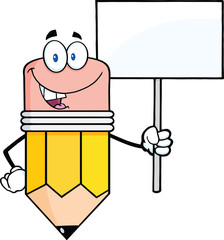 Smiling Pencil Cartoon Character Holding A Blank Sign