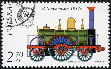 Fototapeta na wymiar Znaczek przedstawia Robert Stephenson i jego lokomotywę