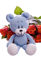 blue teddy bear with pink roses