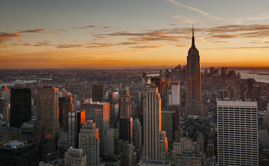 Midtown Manhattan skyline at sunset