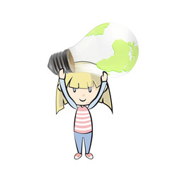 Kid holding eco light bulb with world inside. Vector background