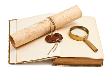 Old books and old paper with a wax seal